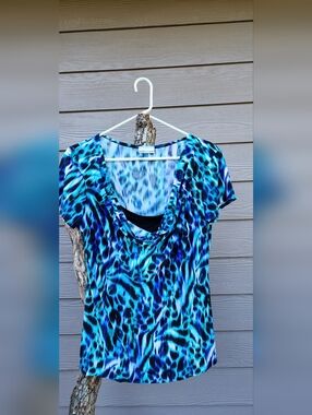 Blue Animal Print Cowl Neck Top